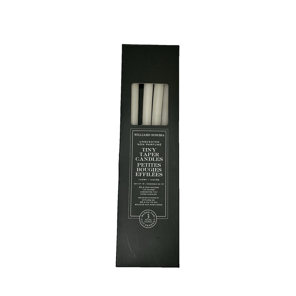 Williams Sonoma Unscented Set of 12 Tiny Taper Candles NEW in box 10" tall IVORY
